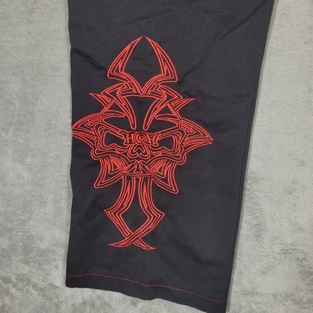 Heaven Can Wait Pants Mens 40 Black Red Embroidered Skeleton Graphic Streetwear - Picture 8 of 12